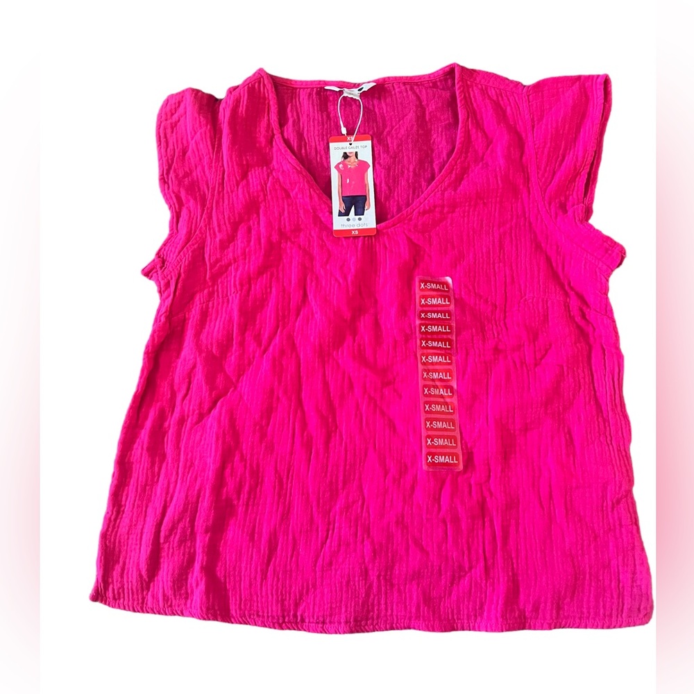 Three Dots Women's Short Sleeve V-Neck Double Layer Gauze Fuchsia XS